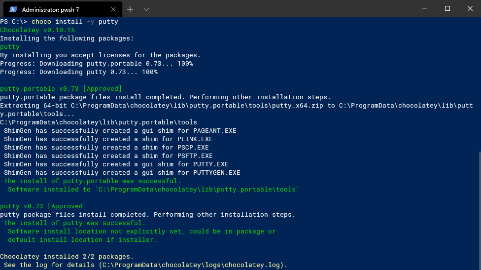 “Screenshot - Choco install Putty”